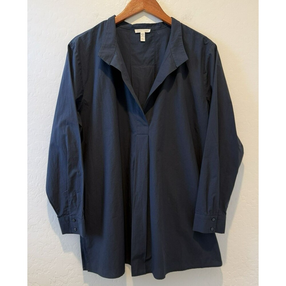 Eileen Fisher L Organic Cotton Poplin Popover Shirt Navy Long Sleeve Tunic Top